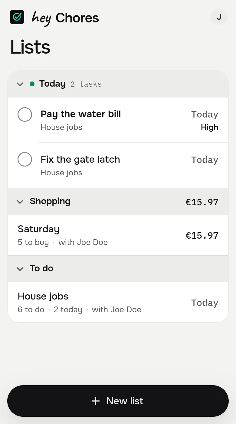 The hey Chores home screen: today’s tasks above your lists
